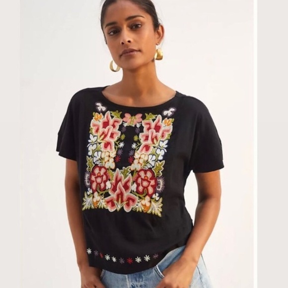 Tiny Tops - Anthropologie Embroidered Black Floral Women's Top TINY Small EUC